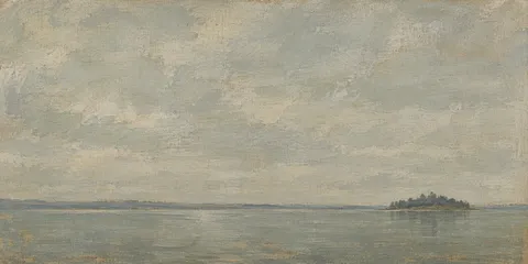 A lake surface with one dark island in sand, gray, stone, taupe; panoramic artwork.