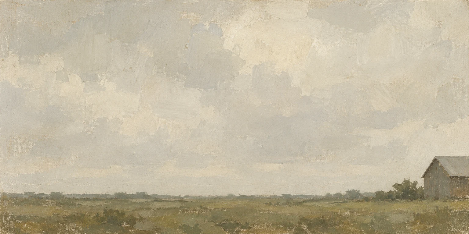 A plain with a single distant barn in stone, cream, taupe; panoramic artwork.