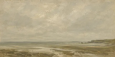 A shoreline seen from above at low tide in stone, sand, sage, taupe; panoramic artwork.