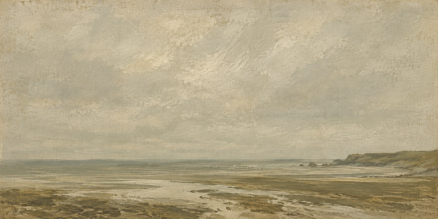 A shoreline seen from above at low tide in stone, sand, sage, taupe; panoramic artwork.