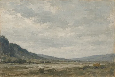 A valley floor between two soft ridges in stone, olive, charcoal, gray; landscape artwork.