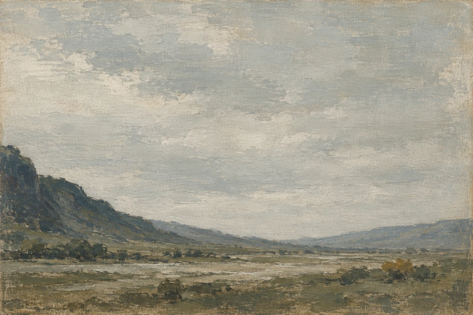 A valley floor between two soft ridges in stone, olive, charcoal, gray; landscape artwork.