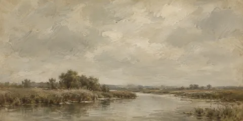 A river reach with reed beds in sand, stone, brown, taupe; panoramic artwork.