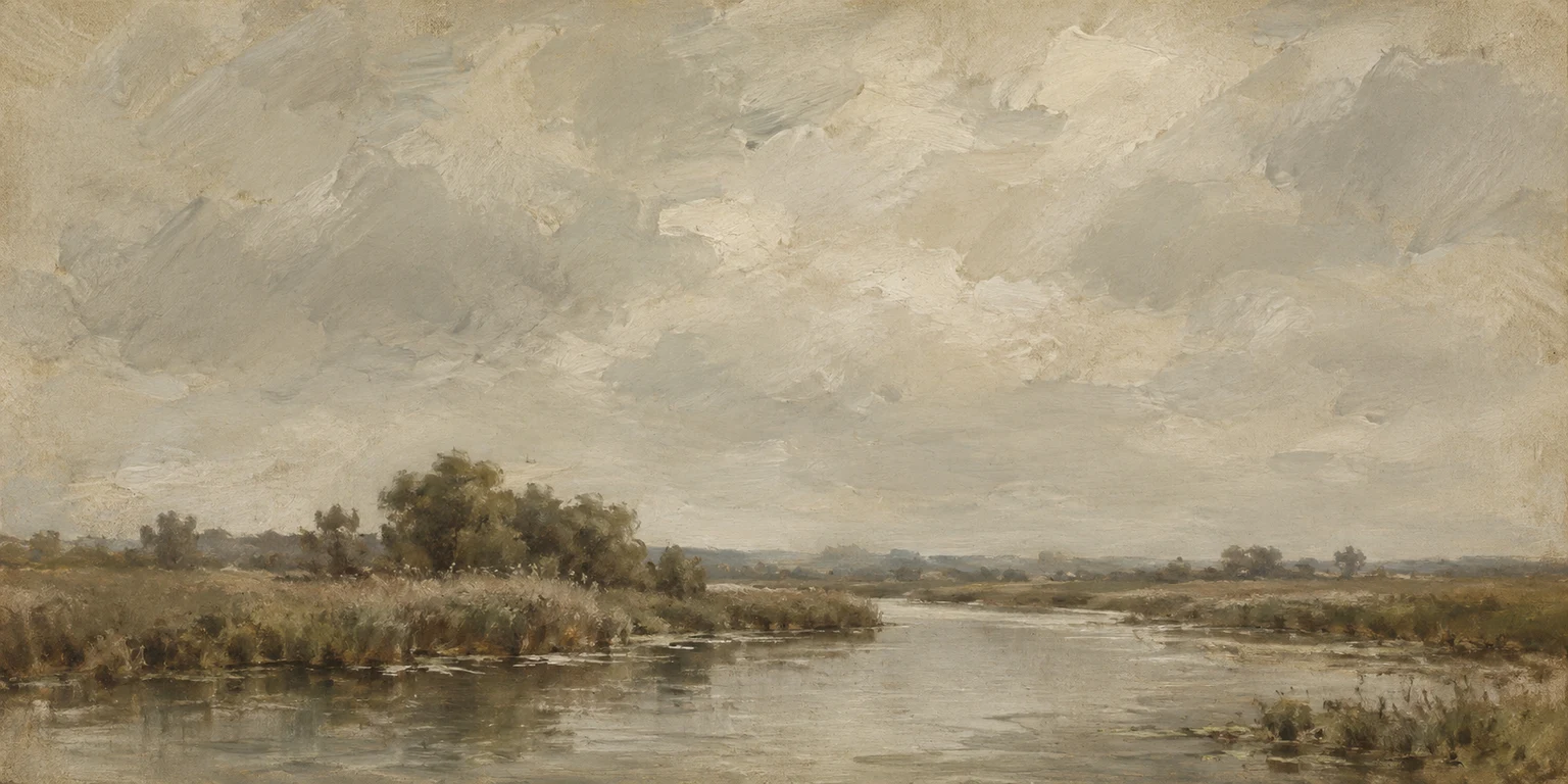 A river reach with reed beds in sand, stone, brown, taupe; panoramic artwork.