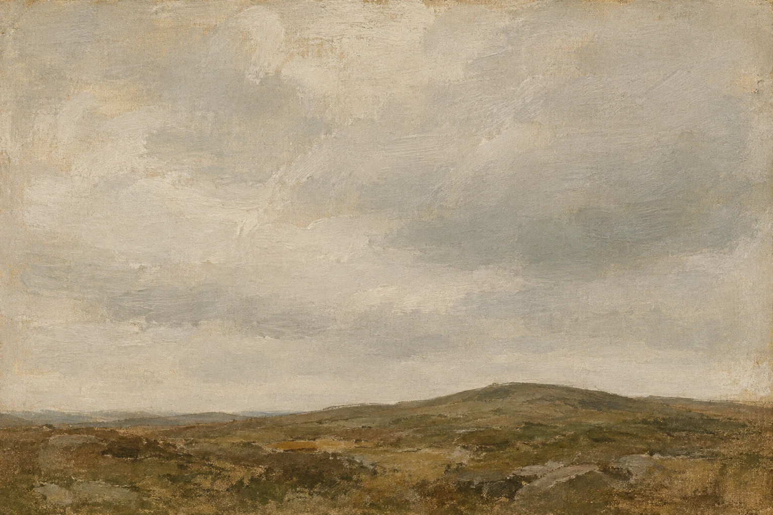 A moor rising to nothing in stone, sand, brown, olive; landscape artwork.