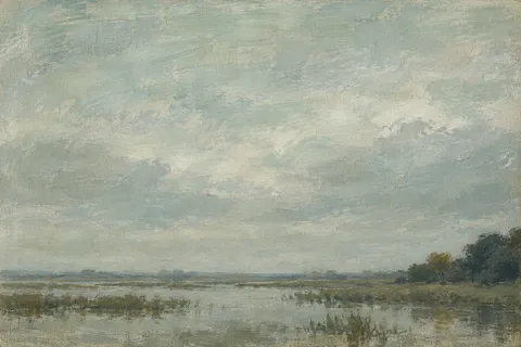 A flooded washland under a wide sky in stone, gray, charcoal; landscape artwork.
