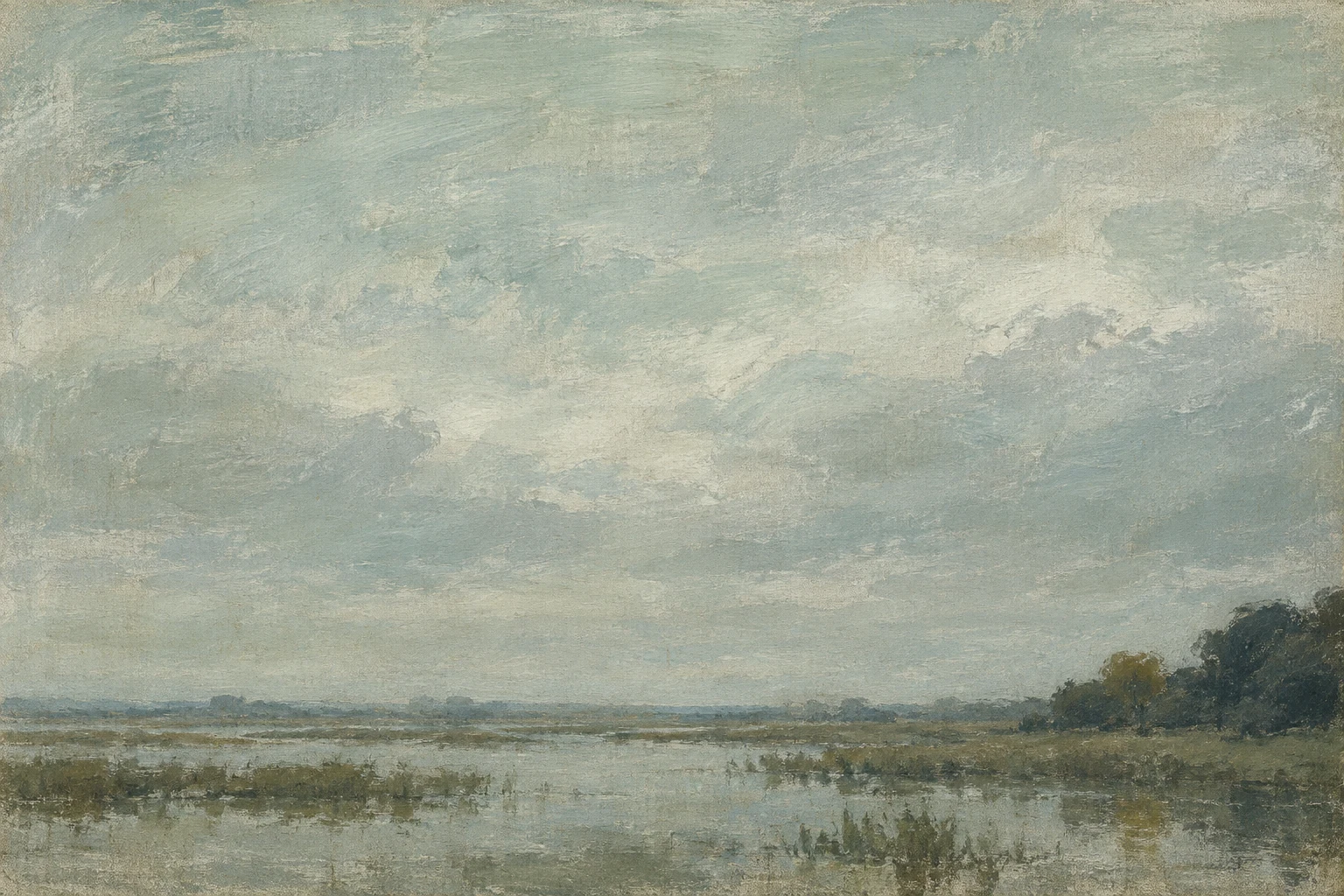 A flooded washland under a wide sky in stone, gray, charcoal; landscape artwork.