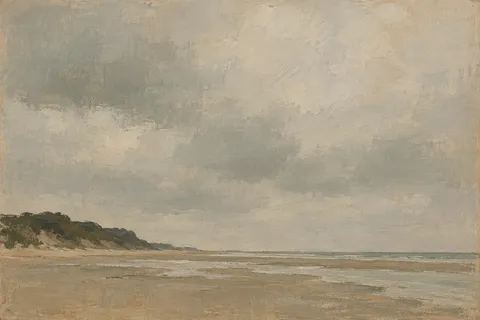 A long sandbar under low cloud in stone, sand, gray, sage; landscape artwork.