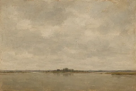 An estuary at slack water in sand, taupe, stone, sage; landscape artwork.