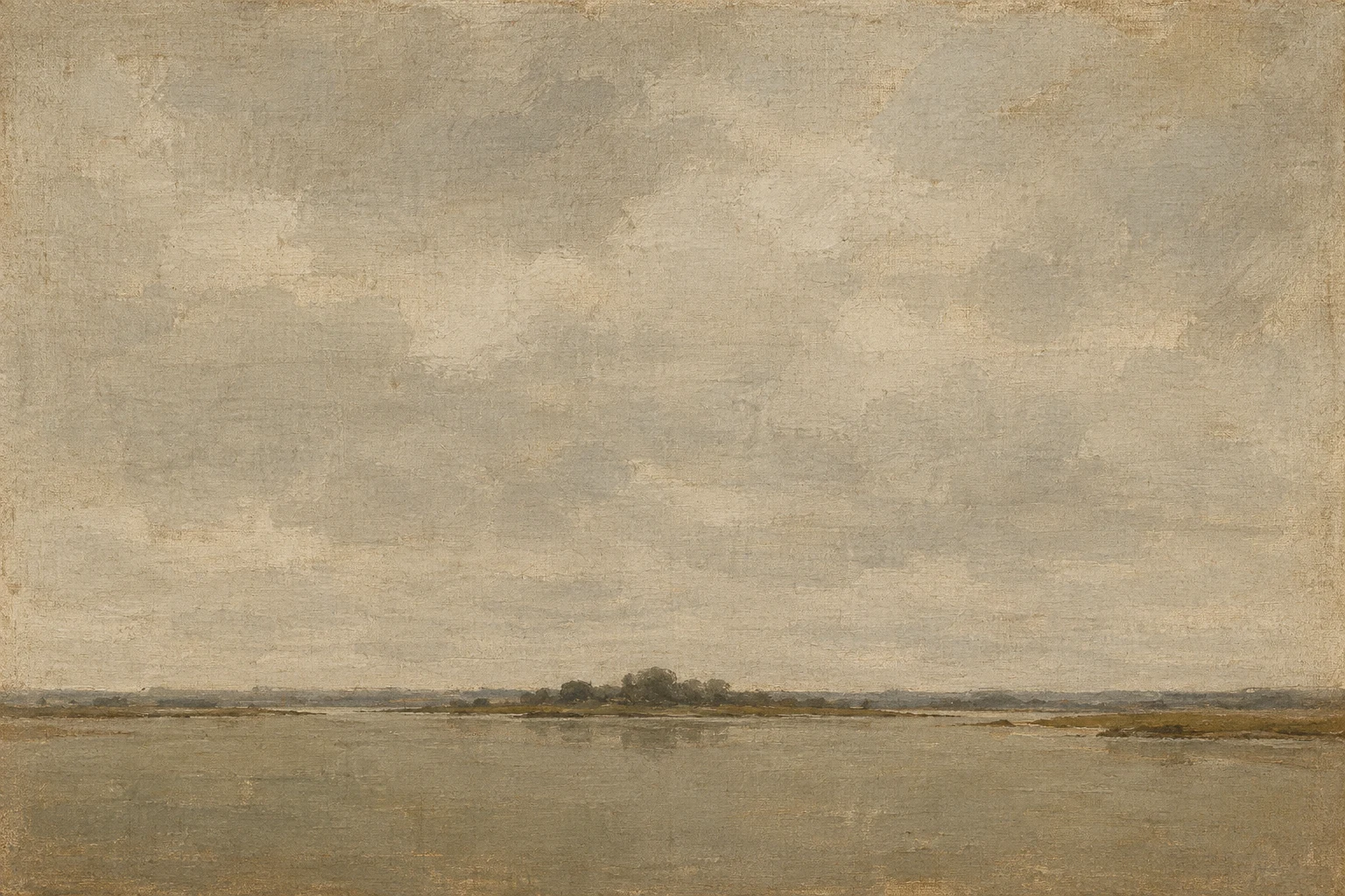 An estuary at slack water in sand, taupe, stone, sage; landscape artwork.