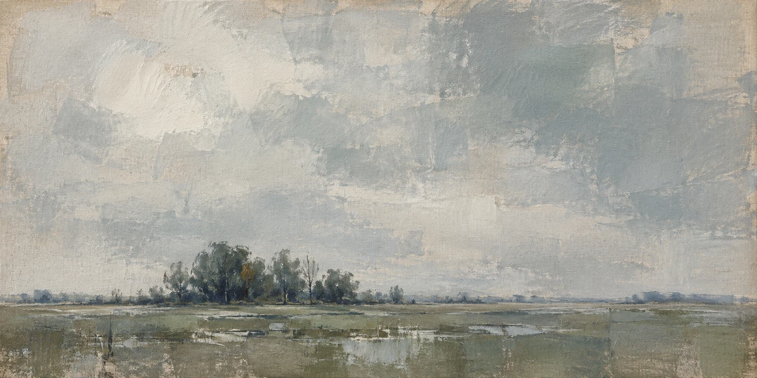 A fen with one line of willows in stone, gray, charcoal; panoramic artwork.