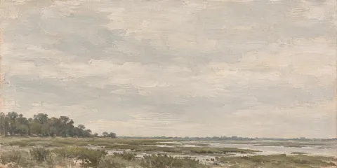 A saltmarsh running to a far treeline in stone, cream, taupe, gray; panoramic artwork.