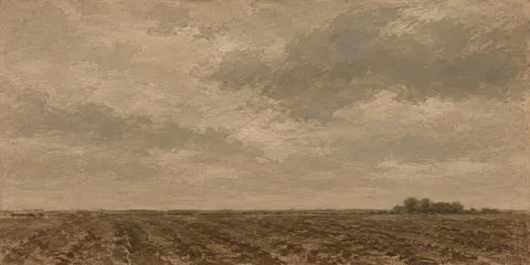 A ploughed field under moving cloud in sand, sage, taupe, brown; panoramic artwork.
