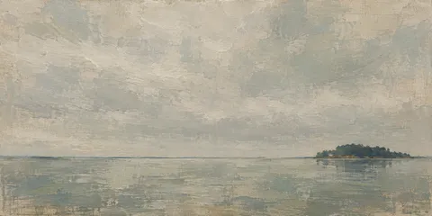 A lake surface with one dark island in stone, sand, gray; panoramic artwork.