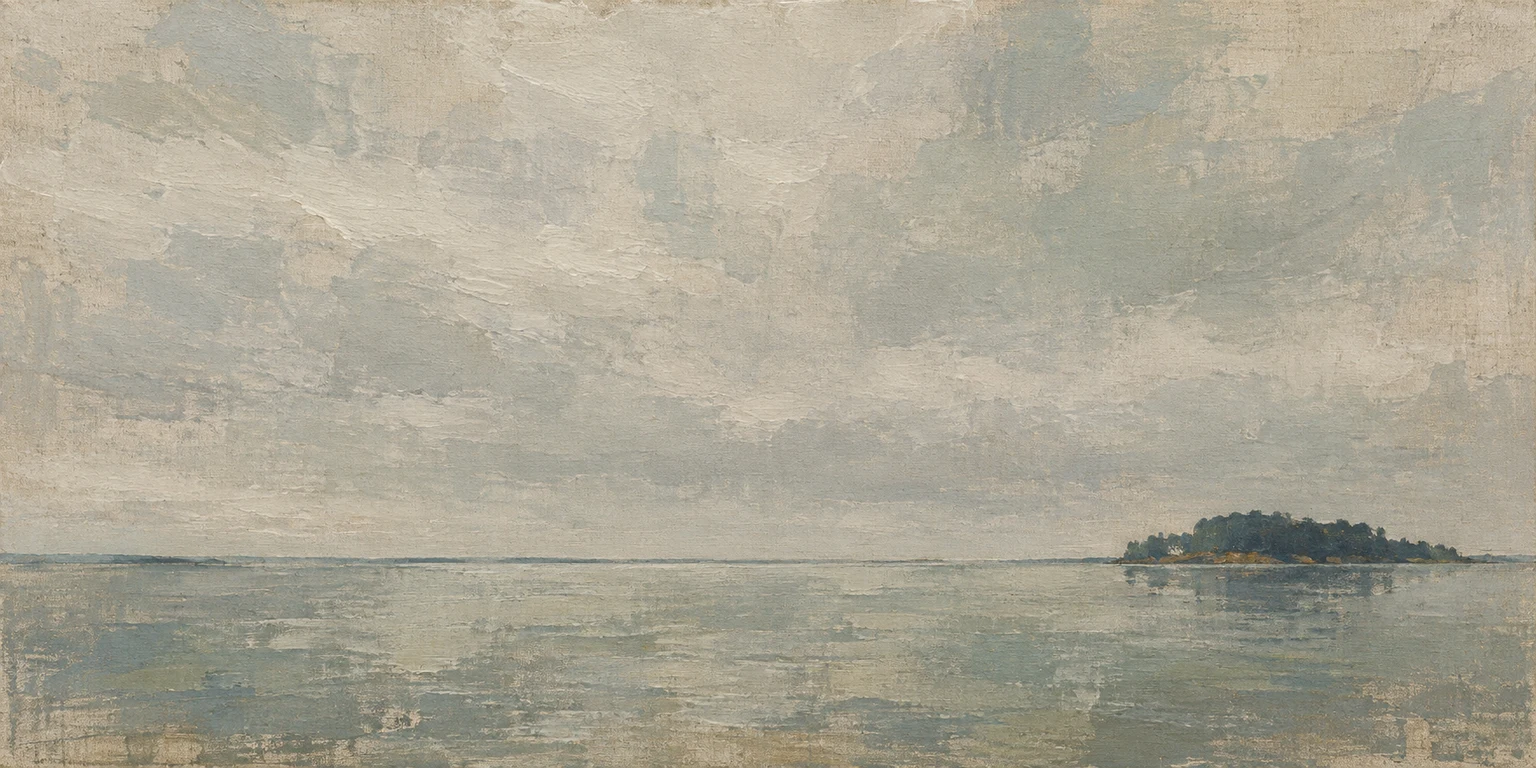 A lake surface with one dark island in stone, sand, gray; panoramic artwork.