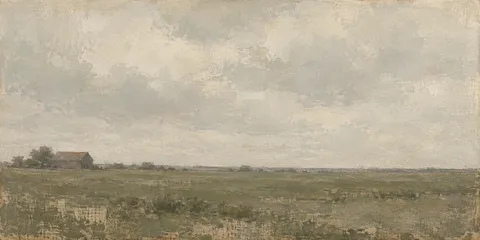 A plain with a single distant barn in stone, taupe, cream, olive; panoramic artwork.