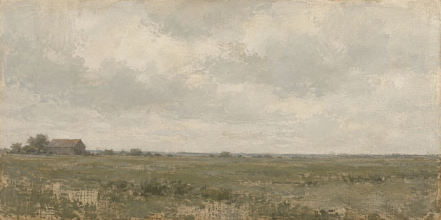 A plain with a single distant barn in stone, taupe, cream, olive; panoramic artwork.