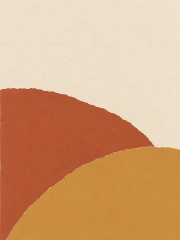 Two overlapping arcs in cream, ochre, terracotta; portrait artwork.