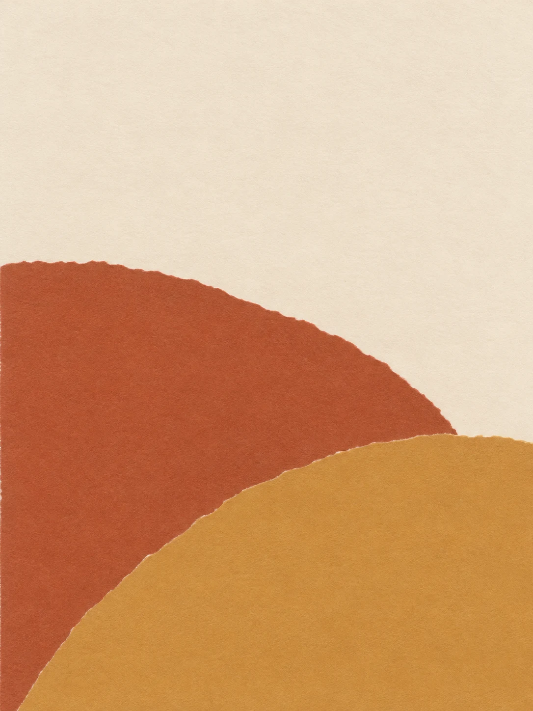 Two overlapping arcs in cream, ochre, terracotta; portrait artwork.