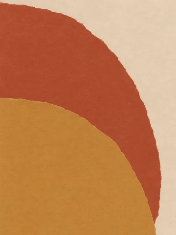 Two overlapping arcs in ochre, terracotta, cream; portrait artwork.
