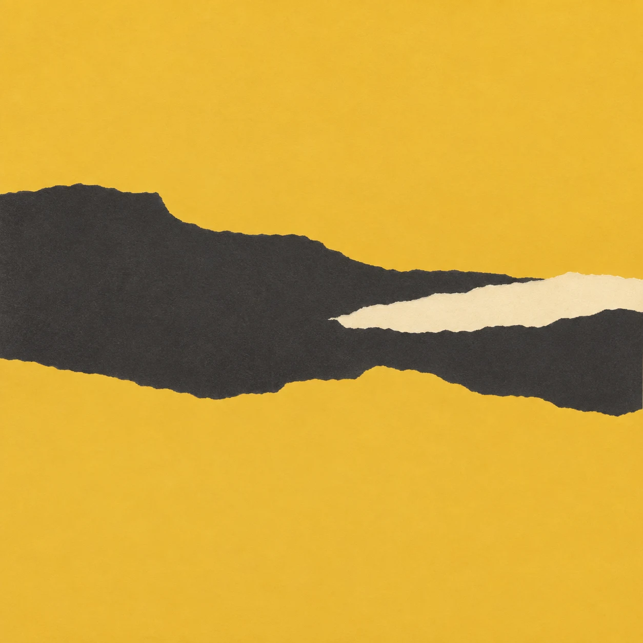 A broken horizontal band in yellow, charcoal; square artwork.
