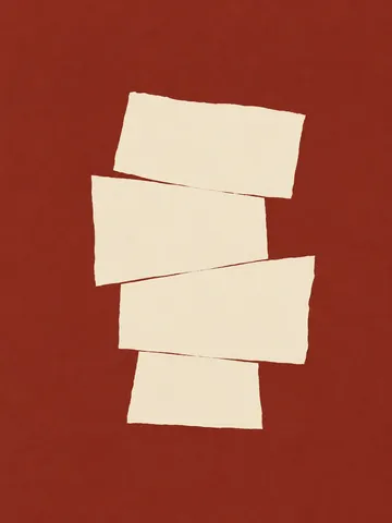 A stack of four uneven rectangles in rust, cream; portrait artwork.