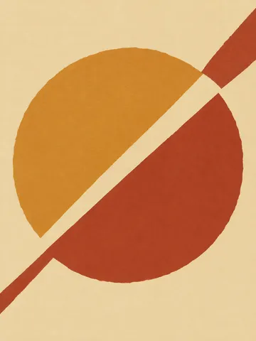 One circle cut by a straight edge in cream, red, orange; portrait artwork.