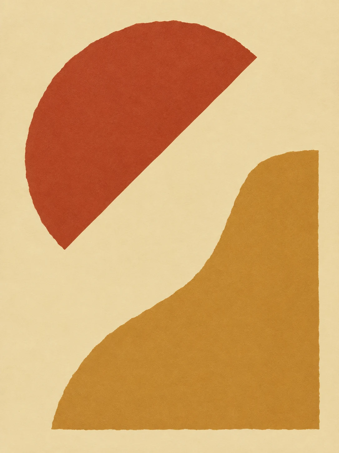 One circle cut by a straight edge in cream, ochre, red; portrait artwork.
