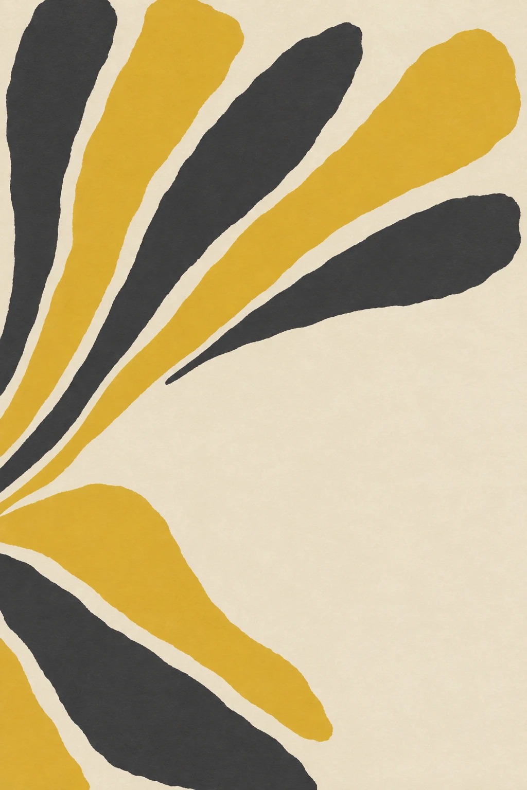 A fan of tapering strokes in cream, yellow, charcoal; portrait artwork.