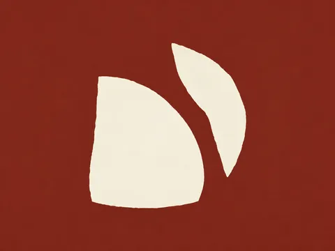 A shape and its shadow offset in rust, white; landscape artwork.