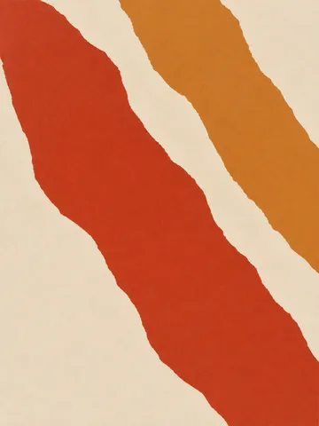 Three torn strips falling in cream, red, terracotta; portrait artwork.