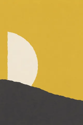 A half-moon against a ground in yellow, charcoal, cream; portrait artwork.