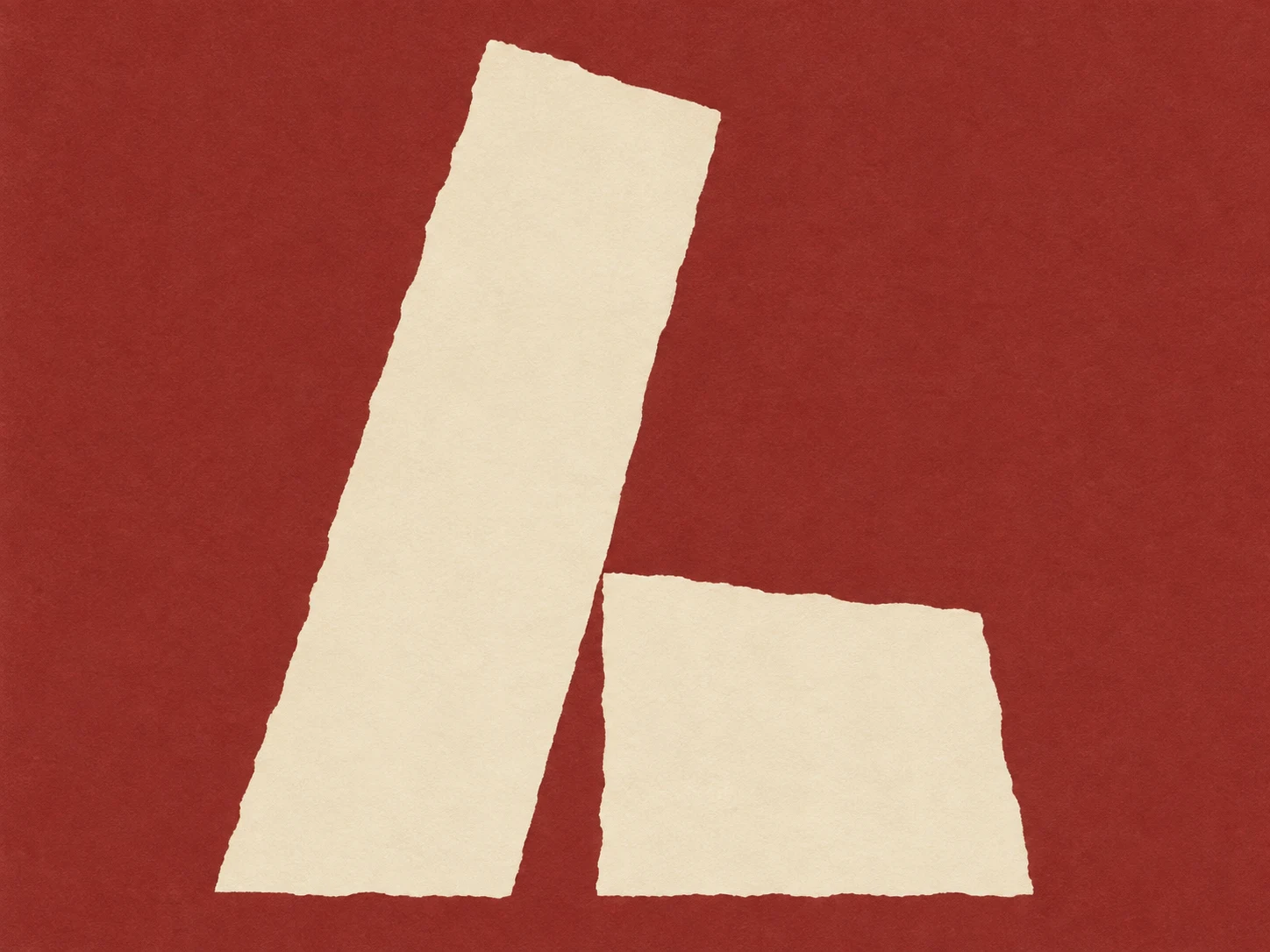 A tall slab leaning on a short one in rust, cream; landscape artwork.