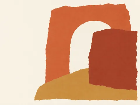 One arch cut from a solid field in white, terracotta, red, ochre; landscape artwork.