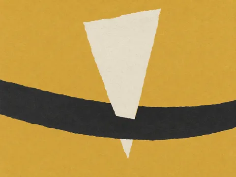 A wedge driven into a band in sand, charcoal, cream; landscape artwork.
