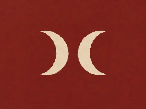 Two crescents turned away from each other in rust, terracotta, burgundy; landscape artwork.