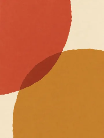 Two overlapping arcs in ochre, terracotta, cream, red; portrait artwork.