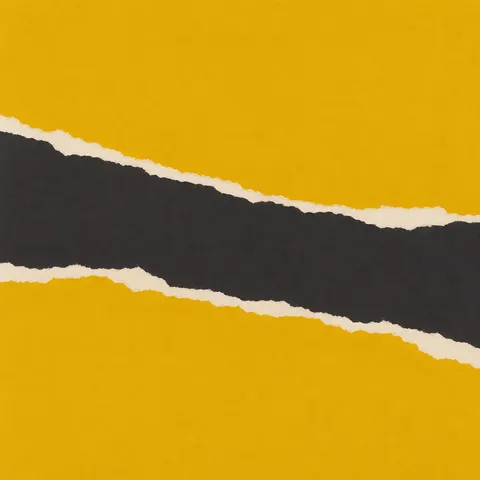A broken horizontal band in yellow, charcoal; square artwork.