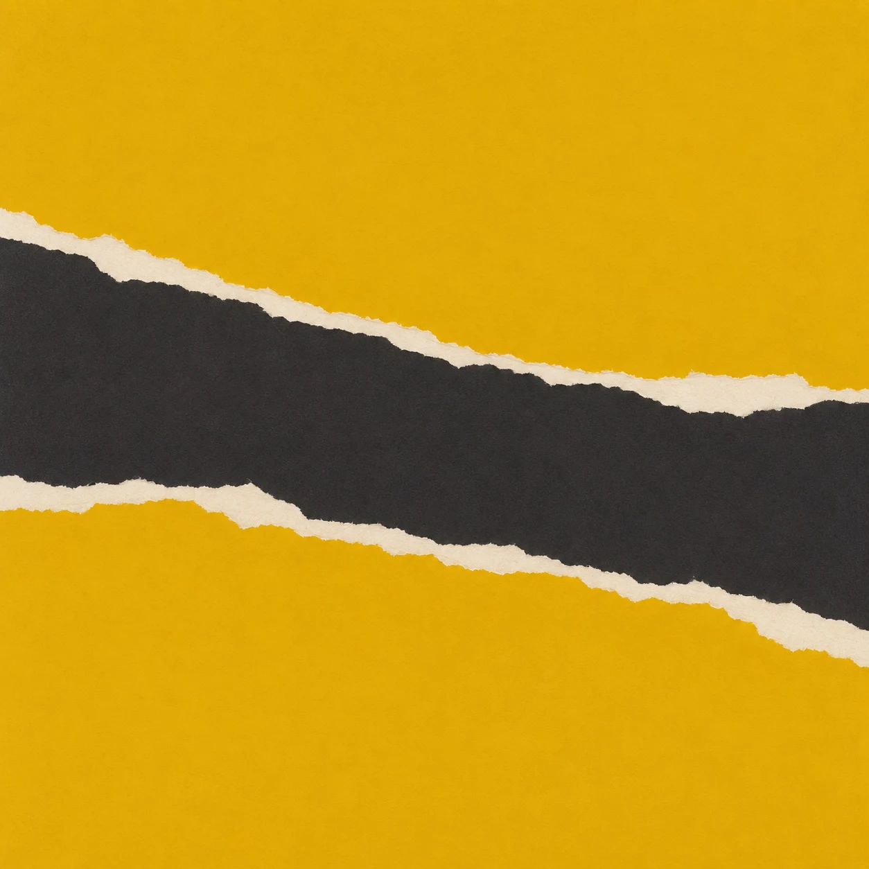 A broken horizontal band in yellow, charcoal; square artwork.
