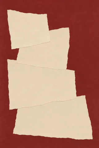 A stack of four uneven rectangles in cream, rust; portrait artwork.