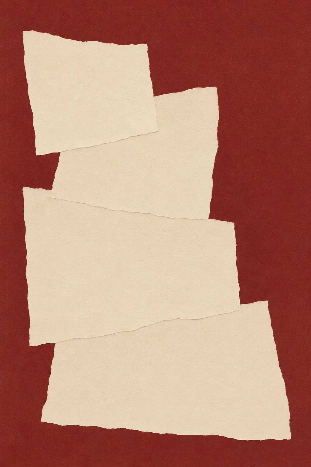 A stack of four uneven rectangles in cream, rust; portrait artwork.