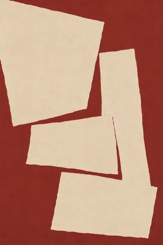 A stack of four uneven rectangles in cream, rust, ochre; portrait artwork.