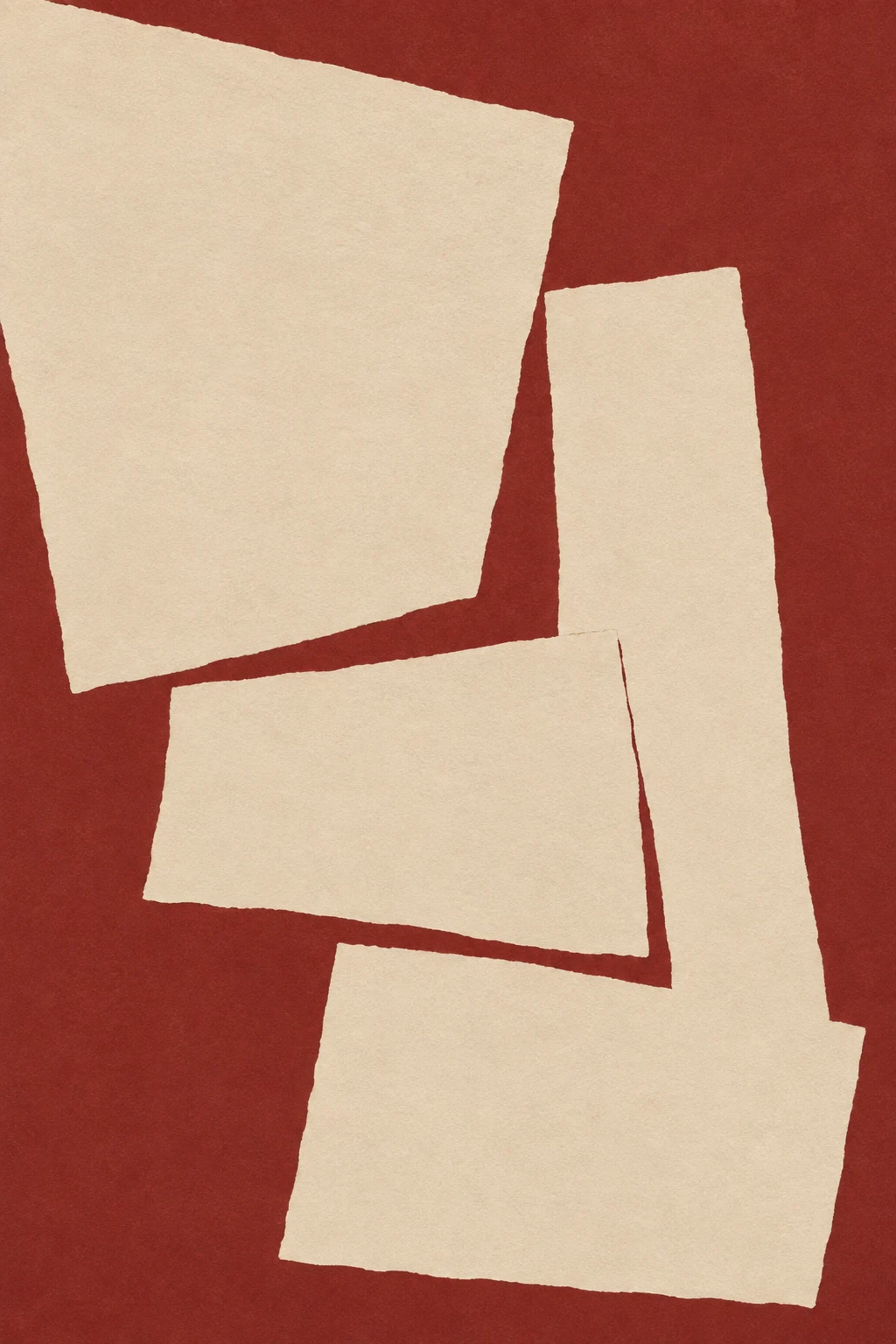 A stack of four uneven rectangles in cream, rust, ochre; portrait artwork.