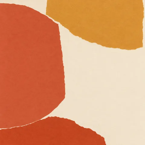 One circle cut by a straight edge in terracotta, cream, orange; square artwork.