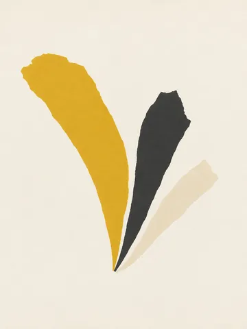 A fan of tapering strokes in white, ochre, cream; portrait artwork.