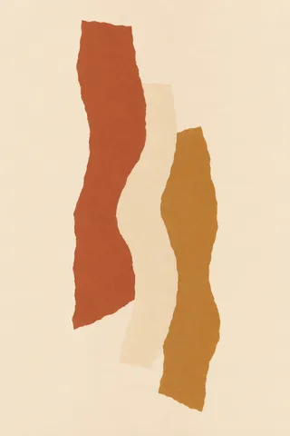 Three torn strips falling in cream, terracotta, ochre; portrait artwork.