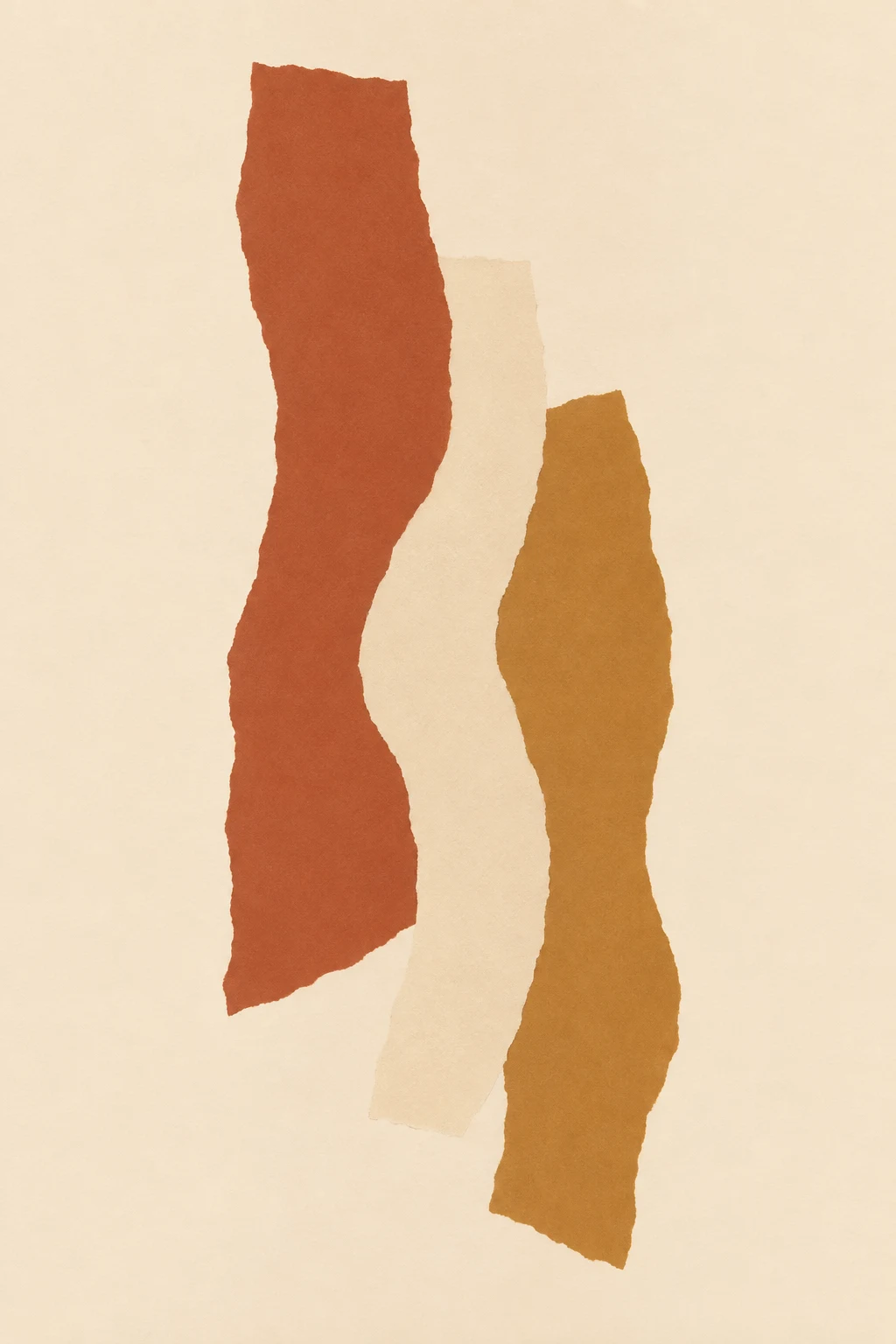 Three torn strips falling in cream, terracotta, ochre; portrait artwork.