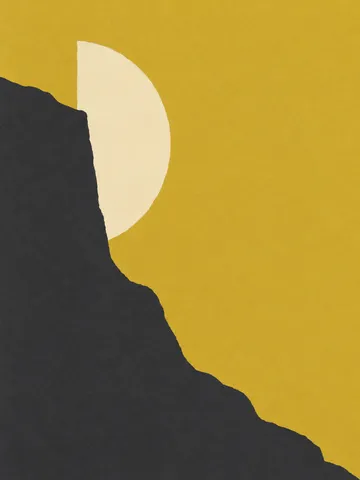 A half-moon against a ground in yellow, charcoal, sand; portrait artwork.