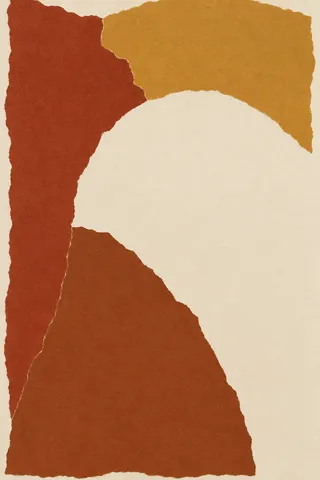One arch cut from a solid field in rust, cream, ochre; portrait artwork.