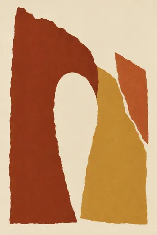 One arch cut from a solid field in cream, rust, ochre; portrait artwork.